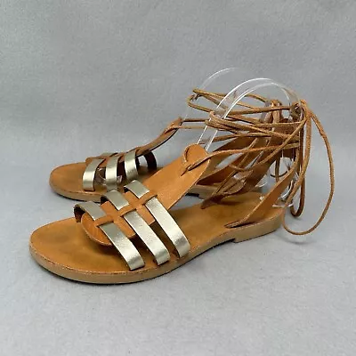 Kallipous Handmade Tan And Gold Leather Lace Up Gladiator Sandals Women Sz 37 • $15.01