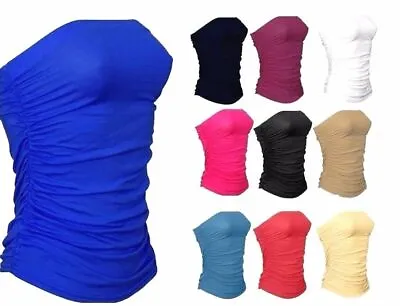 Ladies New Plain Strapless Sleeveless Ruched Boob Tube Women's Bandeau Top • £6.99