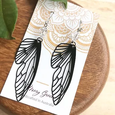 Black Butterfly Wing Earrings With Clear Crystal Beads  Bohemian Whimsical • $17