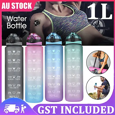 1L Water Bottle Drink Flask With Time Markings BPA Free Sport Gym Motivational • $14.25
