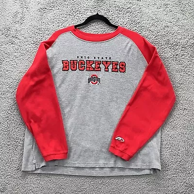 Ohio State Buckeye P2 Thermal Shirt Mens L Gray Red Applique Embroidered Raglan • $15.99