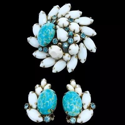 Vtg. Milk Glass Blue Cabochon Rhinestone Brooch & Clip Earrings Set • $75