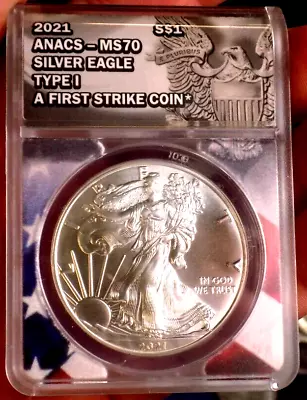 American Silver Eagle 2021 Anacs Ms 70 First Strike Flag Holder • $34.33