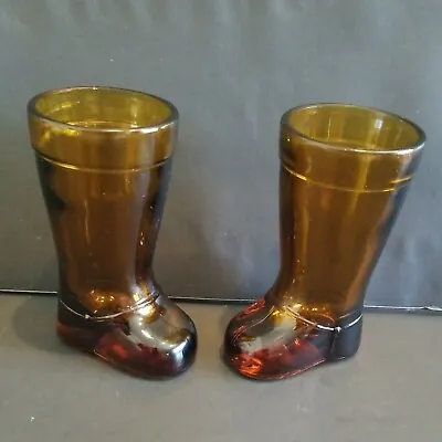 2-vintage Mod Dep Amber Glass Boot Toothpick Holder Bar Shot Italy Beautiful  • $11.99