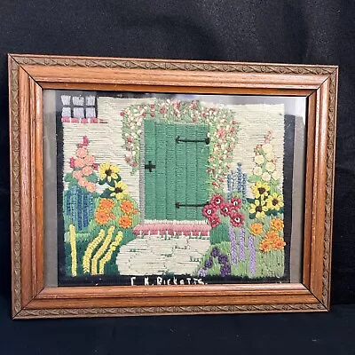 Vintage Crewel Embroidered Handmade Floral Garden 14.5”x11.5” Wood Frame • $50
