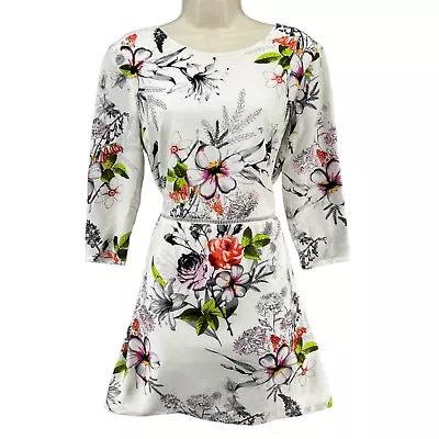 Myne Silk Lola Dress White Floral Print 3/4 Sleeve Lined Open Back Size 4 • $59.99