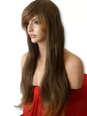 Bronze Brown Natural Straight Extra Long Full Fringe Women's Ladies Wig UK E3 • £11.69