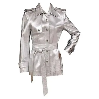 Zang Toi Silver Leather Jacket Trench Coat With Crystal Buttons • $1500