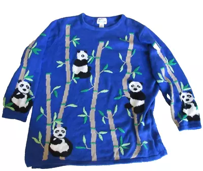 The Quacker Factory Women's Panda Bears Bamboo Knit Sweater Blue Size 1X • £38.52