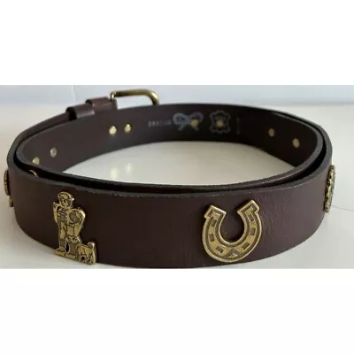 Vintage Belt Brown Leather With Metal Figurines Of Horse Shoes Cows Ropes 42  • $27.49