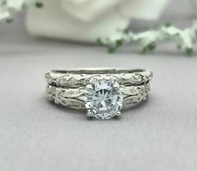 1.55Ct White Round Cut Moissanite Wedding Matching Bride 14K White Gold Ring Set • $344.44