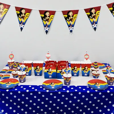 Wonder Woman Girl Lady Party Tableware Birthday Deco Supplies Plates Straws Flag • £2.39