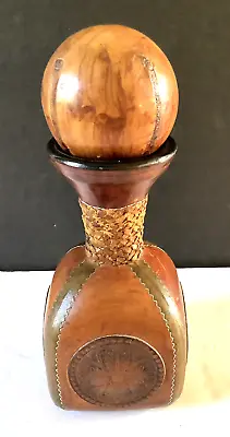 1960s ITALY Leather Wrapped Bottle 12” WOOD STOPPER Huge EMBOSSED &TOOLED • $27