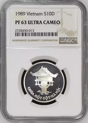 Vietnam 1989 S10 Đồng Hà Nội One Pilar Pagoda Silver Coin. NGC PF 63 Ultra Cameo • $700