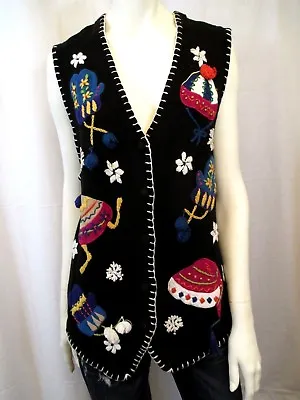 Christmas Party Button Up Vest Ugly Sweater Women Sz L Beanie Mittens Vic-thor1 • $24.99