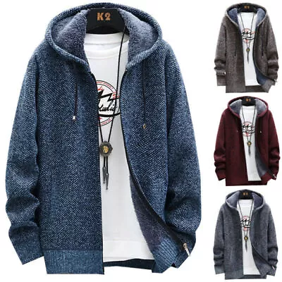 - Mens Faux Fur Lined Fleece Hoodie Jacket Hooded Coat Knitted Cardigan Outwear↑ • £27.43