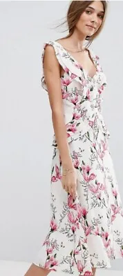 Pretty Floaty Oasis Ivory Magnolia Pink Butterfly Frill Midi Dress 10 / 12 Rare • £23.99