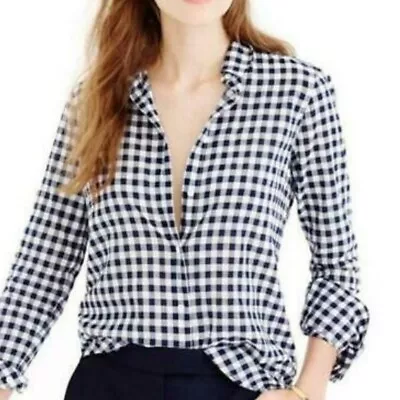 J. Crew Women's Navy Blue Gingham Long Sleeve Button Down Boy Fit Shirt Size 0 • $13.79