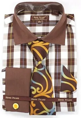 Men's Henri Picard Brown & White Checkered Multi-Color French Cuff Shirt Set • $59.99