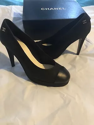 Chanel Black Suede Leather CC Logo Pumps Court Shoes Size UK 4.5 EU 37.5 • £295