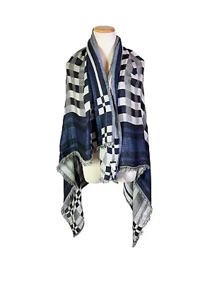 J. Crew Soft Woven Shawl Scarf Fringed Ends Checkered Striped Blue Black • $22.49