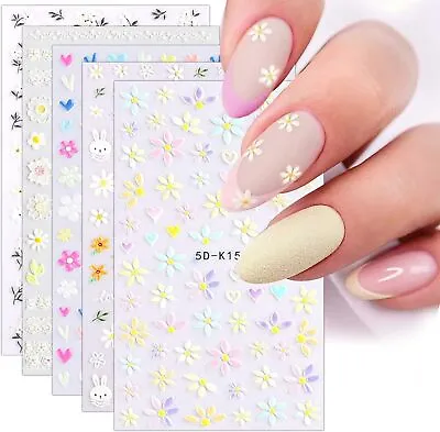 3D Embossed Spring Flowers Nail Art Stickers Decals 5 Sheets 5D Self-Adhesive C • £8.73