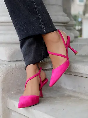 Linzi Shoes Allie Fuchsia Faux Suede Wrap Around Sling Back Stiletto Court Heel • £12.99
