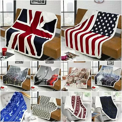 Luxury Sherpa Faux Fur Throw Fleece Blanket Sofa Bed Union Jack Skyline Animals • £19.99