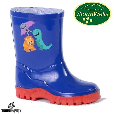 Stormwells New Boys Infants Kids Waterproof Wellies Wellingtons Boots Sizes 3-10 • £11.48