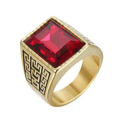 US Men Gold Plated Stainless Steel Red CZ Crystal Stone Ring Men Size 7-11 • $11.29