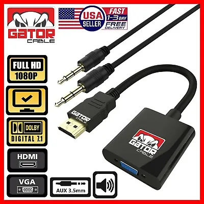 HDMI To VGA Adapter Video Audio With AUX 3.5mm Connector Cable Converter 1080P • $7.99