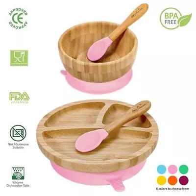 Vinsani Bamboo Bowl Round Plate And Spoon Set Suction Stay-Put BPA Free Pink • £15.95