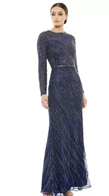 Mac Duggal 5240 Beaded Long Sleeve Gown Navy Midnight Blue Size 14 Flaws • $100