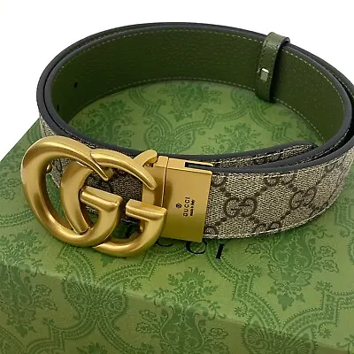 Gucci GG Monogram Marmont Reversible Belt Gold Logo Ebony Canvas Beige 90  36  • $350