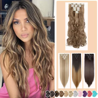 MEGA THICK Ombre Curly Clip In Hair Extensions Full Head 8Pcs Long AS REAL Human • $15.20