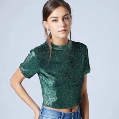 £11.35 • Buy TopShop Lurex Crop Tee In Emerald Green Sparkle Womens Size 6