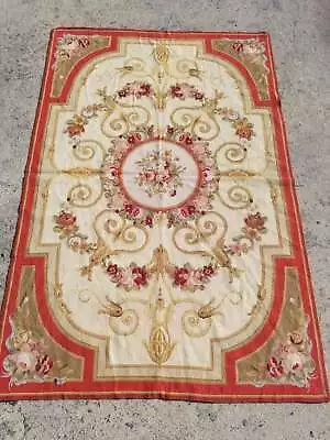 Vintage French Needle Point Handmade Floral Brown Wool Rug Carpet 161x77cm • £175