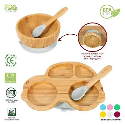 Bamboo Car Plate Bowl & Spoon Set Suction Feeding Set Stay-Put Design Weaning • £14.95