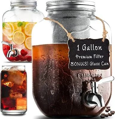 1Gallon Cold Brew Coffee Maker Extra Thick Large Glass Mason Jar Drink Dispenser • $39.85