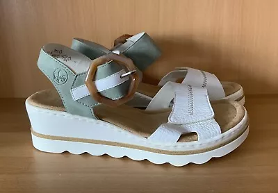Ladies Rieker  67476  Mint Green / White Casual Wedge Sandals Size 6 1/2  Eu 40 • £40