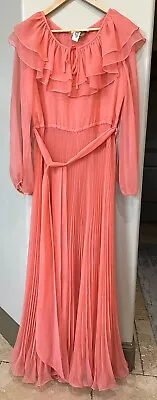 Miss Elliette California Dress Coral Pleated  Size 12 Vintage Sheer Overlay Maxi • $59