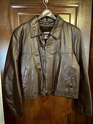 Vintage 60s Sears Leather Store Brown Jacket Faux-Fur Lined Waist Straps 44 Reg • $50