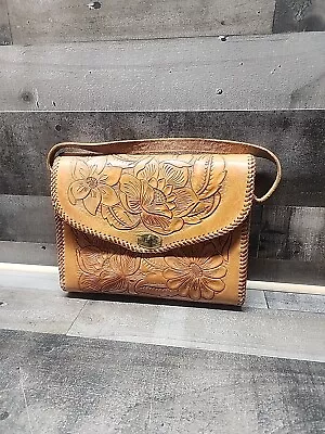 Vintage Hand Tooled Leather Purse Floral Design Classic Leather Handbag 70's • $38.85