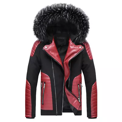 Men Winter Detachable Faux Fur Collar Thick Coat Faux Leather Warm Hooded Jacket • £70.20