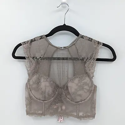 Victoria's Secret PINK Bra Women's 34C Taupe Gray Lace Bustier Lined Demi • $20.99