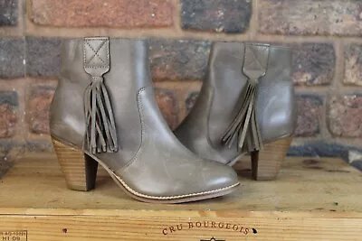 Taupe Leather Block Heel Tassel Detail Ankle Boots Size 4 / 37 By Tu Excellent • £13