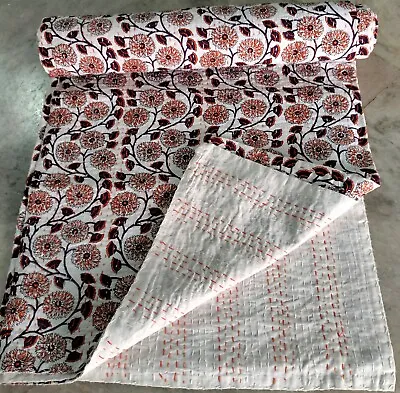 Indian Handmade Block Print Kantha Quilt Reversible Bedspread King Size Cotton • £71.99