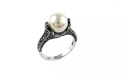 925 Sterling Silver Genuine Marcasite And Freshwater Pearl Ring - Sizes 5-9 • $11.99
