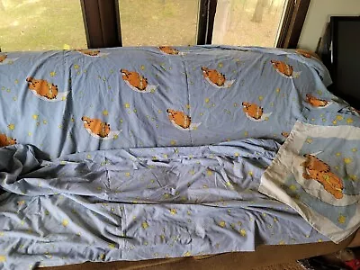 Vtg Garfield The Cat 1978 Full Bed Sheet Set Blue With Moon And Stars Set Of 4 • $105