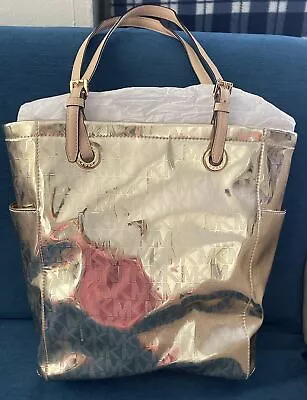 Michael Kors Jet Set Signature Logo Pale Gold Mirror Metallic Tote Bag New • $120